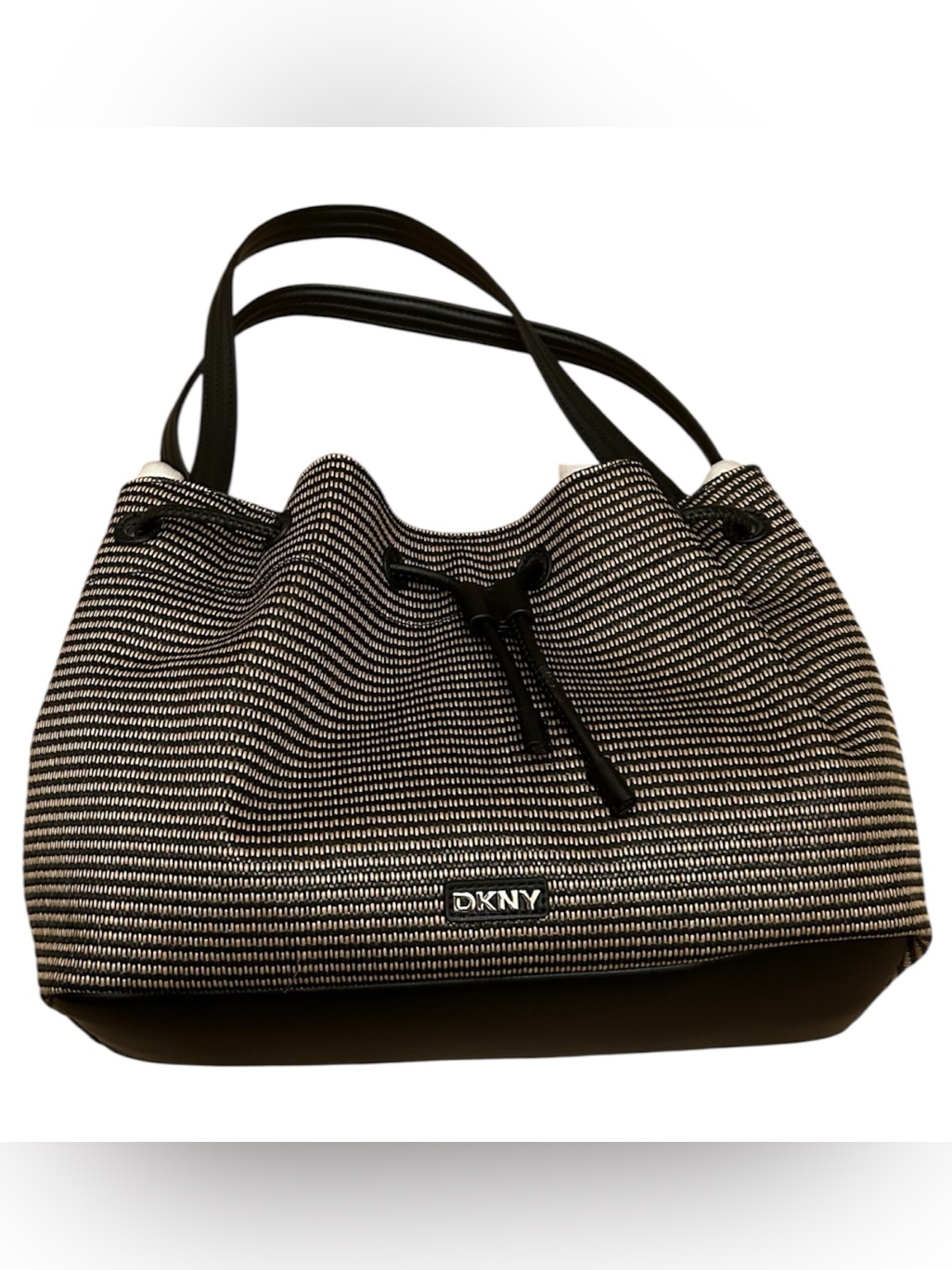 Dkny Black And White Striped Drawstring Shoulder Bag